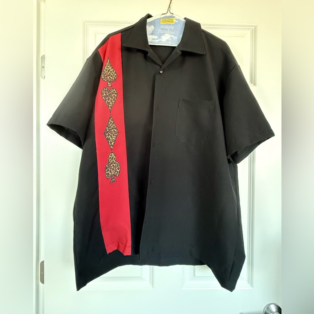 Men's Black and Red Button Down Shirt with Card Design